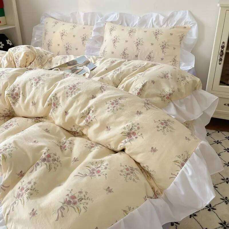 Korean princess-style lace bed four-piece set of washed cotton quilt cover sheet Y260124