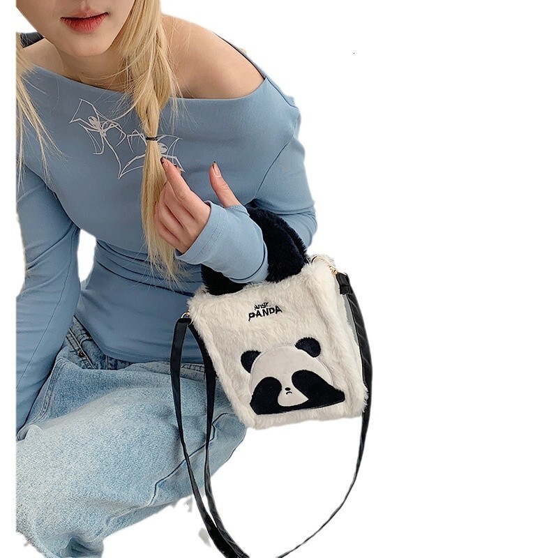 Cute Panda Furry Crossbody For Women Winter New Niche Trendy Plush Korean Style High-Quality Small Square Bag