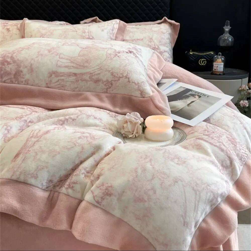 Light Luxury Milk Four-Piece Set Autumn and Winter Warm Thickened Printing Coral Velvet Quilt Cover Bed Sheet Pillowcases Y260124