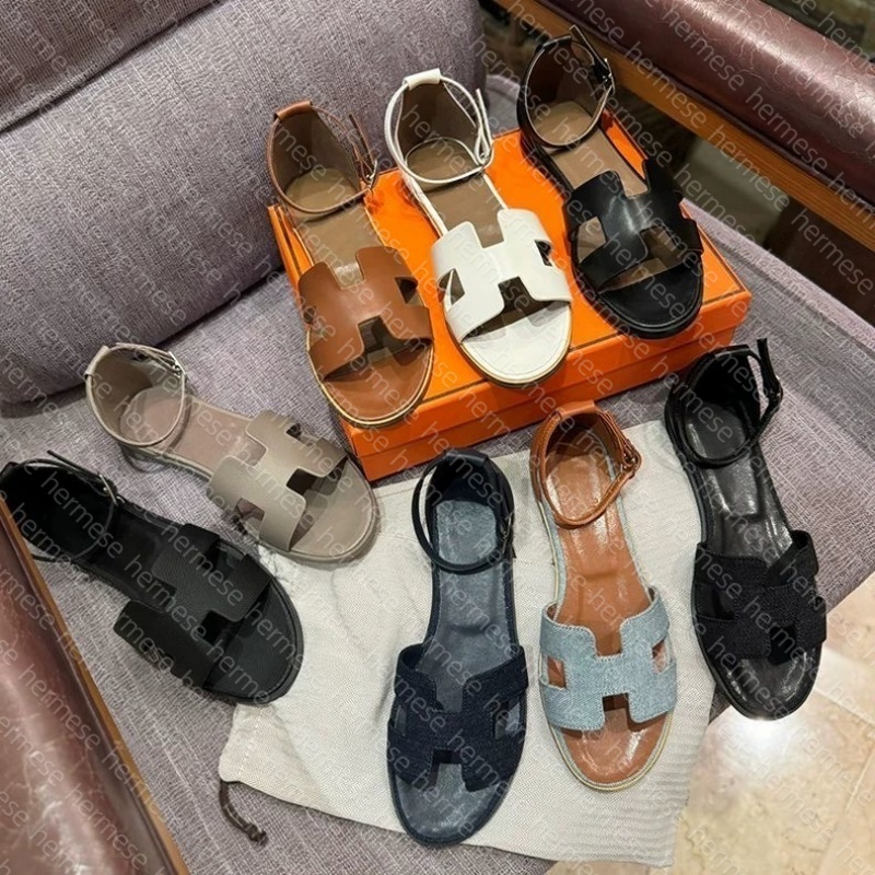 designer sandals Womens sandals Santorini sandals H sandals Leather sandals Round-head buckle strappy sandal Flat brown sandals summer Beach Strap sandals 35-42