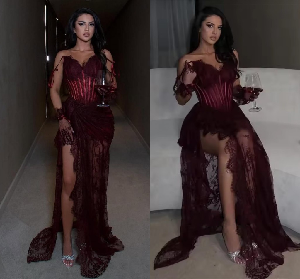 2026 Customized Burgundy Lace Long Evening Dresses With Sexy Split Off The Shoulder Straps Corset-Style Special Occasion Prom Gowns Arabic Women Formal Wear LG0887