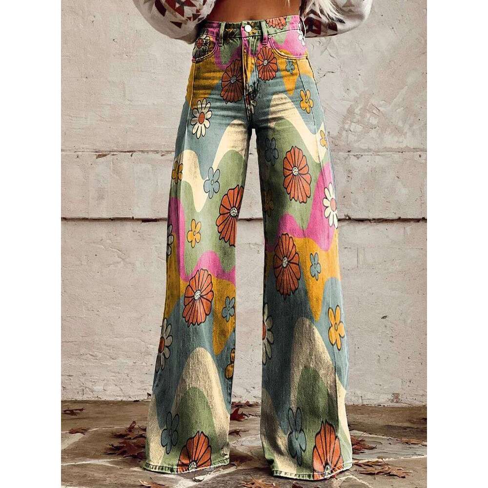 Women's Fashion Casual Trendy Faux Denim Pants Stylish Loose Fit High Waist Trousers C260126 - view 3