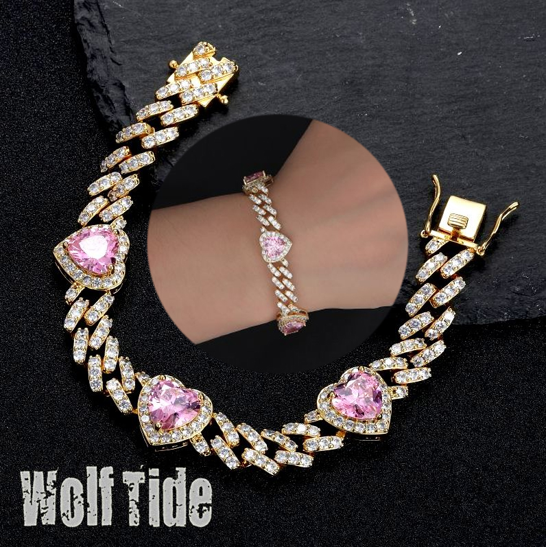 10mm Love Heart Charm Bling Cuban Chain Bracelet Pink Iced Out Cubic Zirconia Brass CZ Stone Hip Hop Luxury Jewelry for Women Punk Party Lover Gifts W