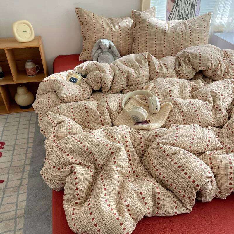 2025 Winter New Year's Plaid Stripe Double Flower Cloud Kapok Four-Piece Set Button Dormitory Bedding Kit Y260124