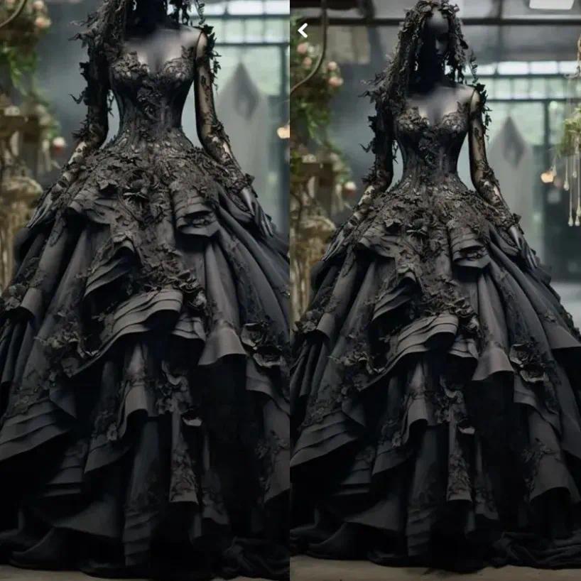 Gothic Style Wedding Dresses Elegant Black Lace A-Line Bridal Gowns with 3D Florals Long Sleeves Plus Size Wedding Gown robe de soiree O16