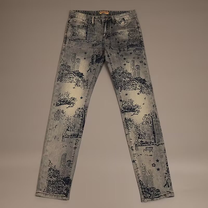 Designer Clothes European And American Trend Slim Fit Printed Jeans Autumn Winter New Retro Light Straight Casual Fashion Versatile Luxury Brand Long 