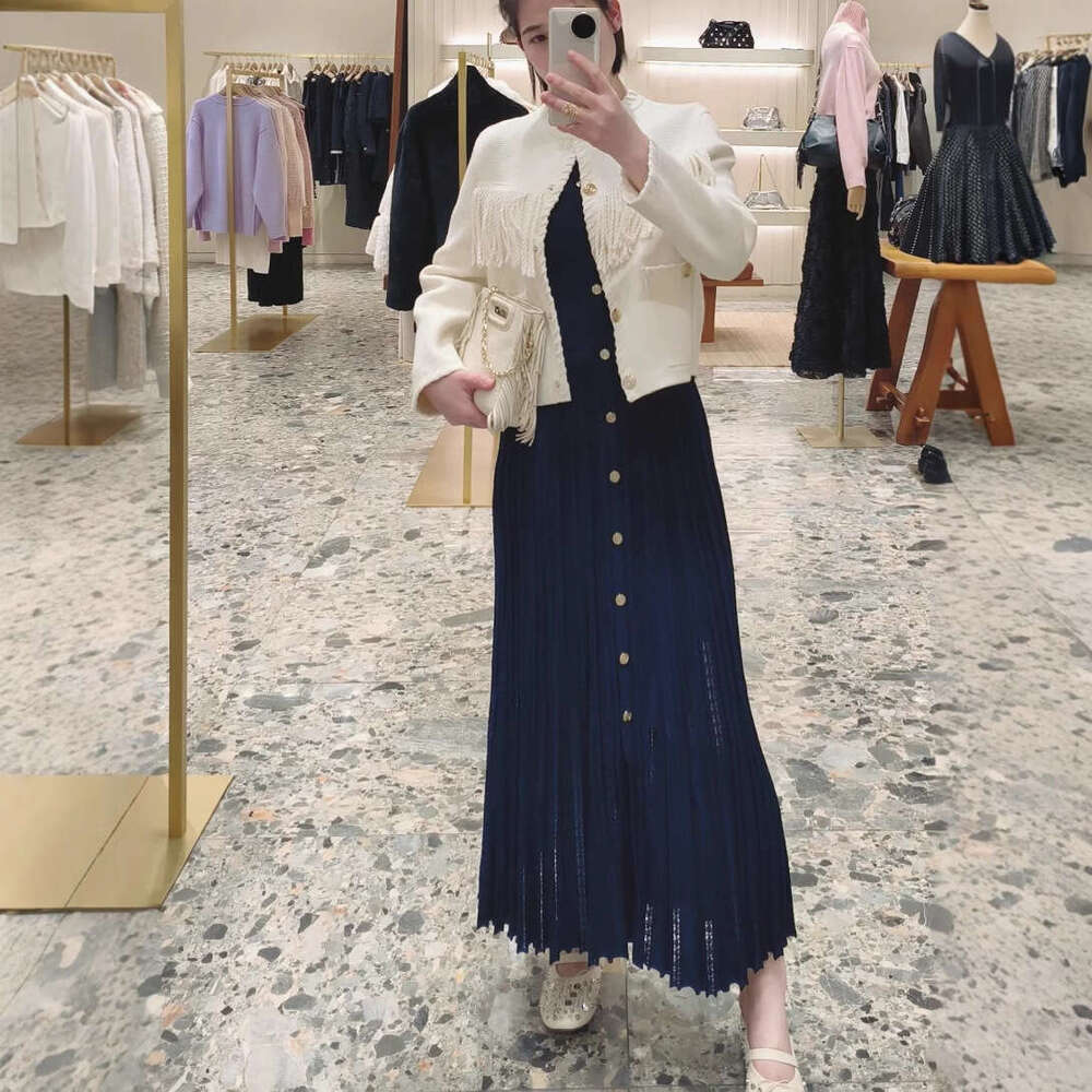 2026 Spring New Designer Deep Blue Hollow Sleeveless Slimming Women's Knitted Long Dress