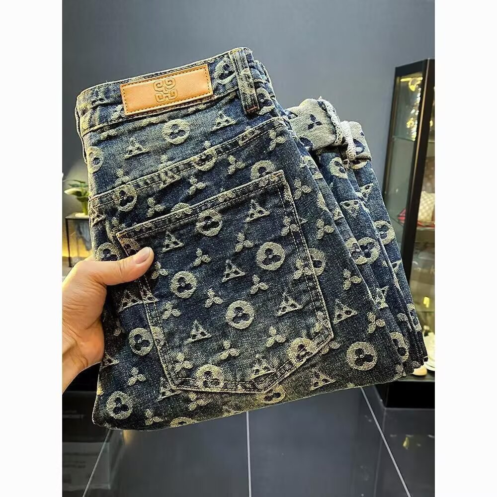 Luxury Brand Designer Clothes American High-End Jacquard Jeans Unisex Autumn Winter New High Street Loose Straight Casual Wide-Leg Long Pants