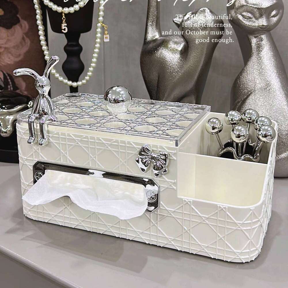 Luxury Rattan Pattern Tissue Box Premium Desktop Paper Dispenser Remote Control Organizer Compartmentalized Home Decor