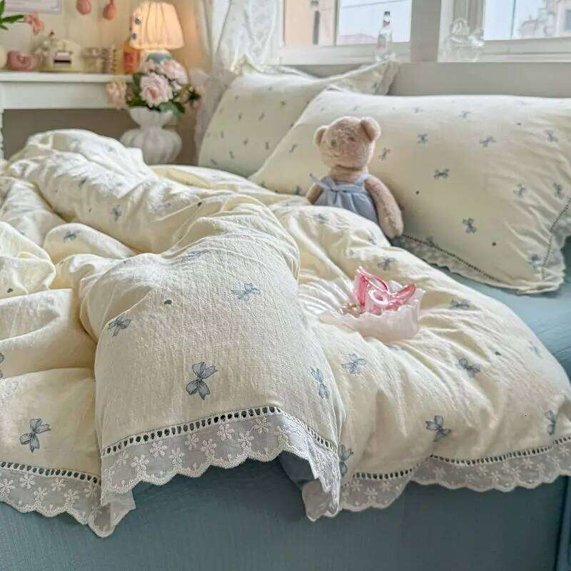 INS Korean Style Blue Bow Double Layer Gauze Four-Piece Simple Lace Edge Duvet Cover Bed Sheet Dormitory 3-Piece Set Y260124