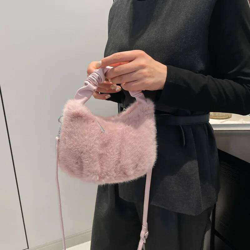 Women Plush Handbag Fashion Autumn Winter Crossbody BagTrendy Texture PU Folded Handheld Solid Single Shoulder Small Square Bag XJ260125