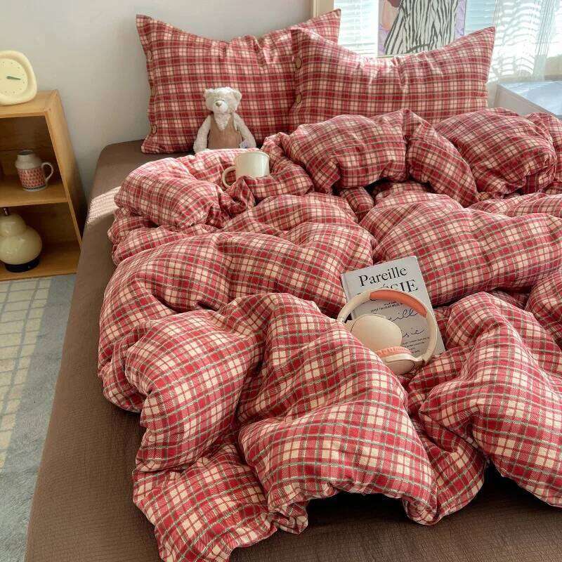 2025 Winter New Year's Plaid Stripe Double Flower Cloud Kapok Four-Piece Set Button Dormitory Bedding Kit Y260124