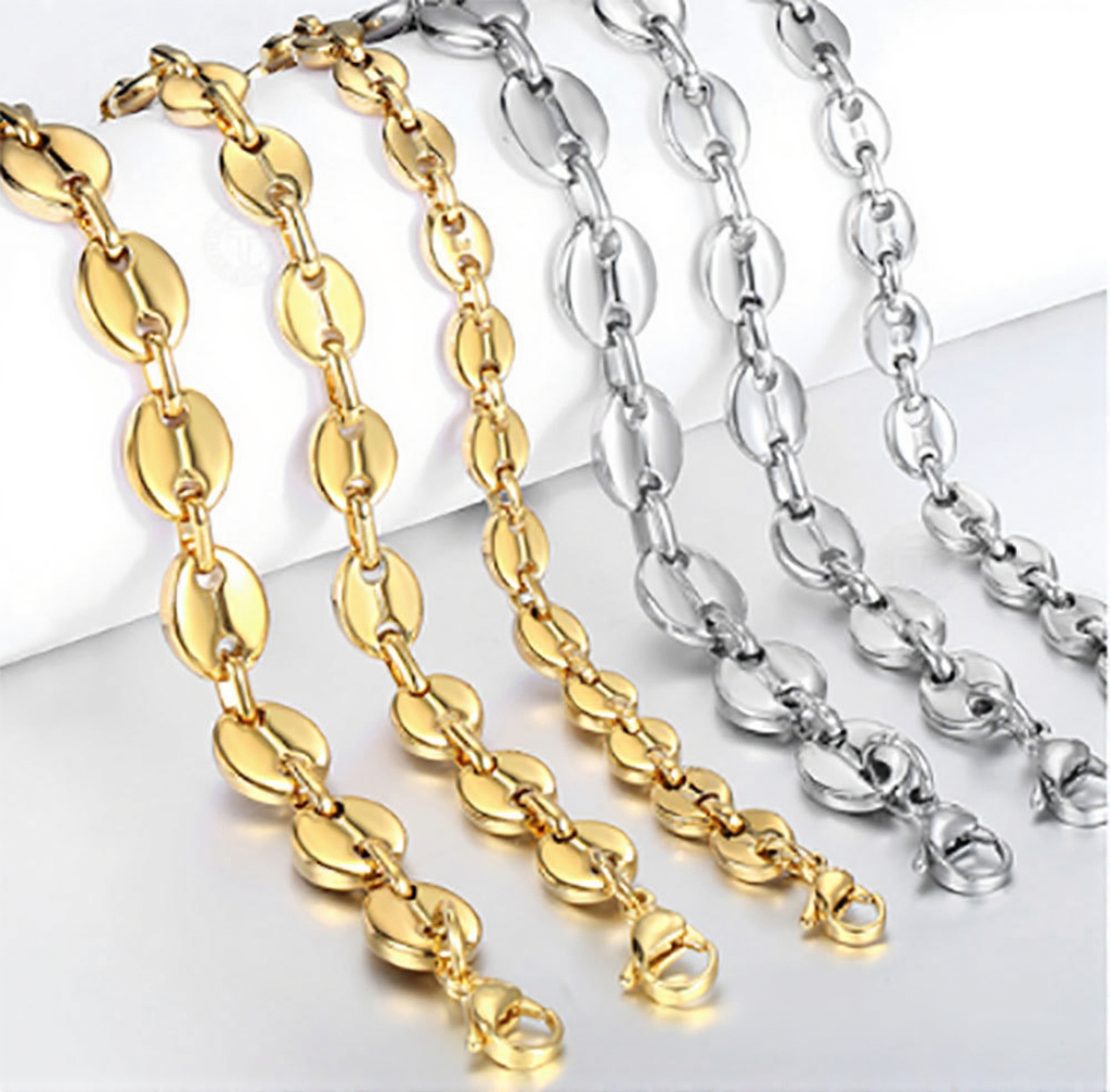 Men Woman 8MM 18K Gold Plated Stainless Steel Coffee Bean Oval Necklace Chain Marina Link Chain Bracelet Hip Hop Jewelry