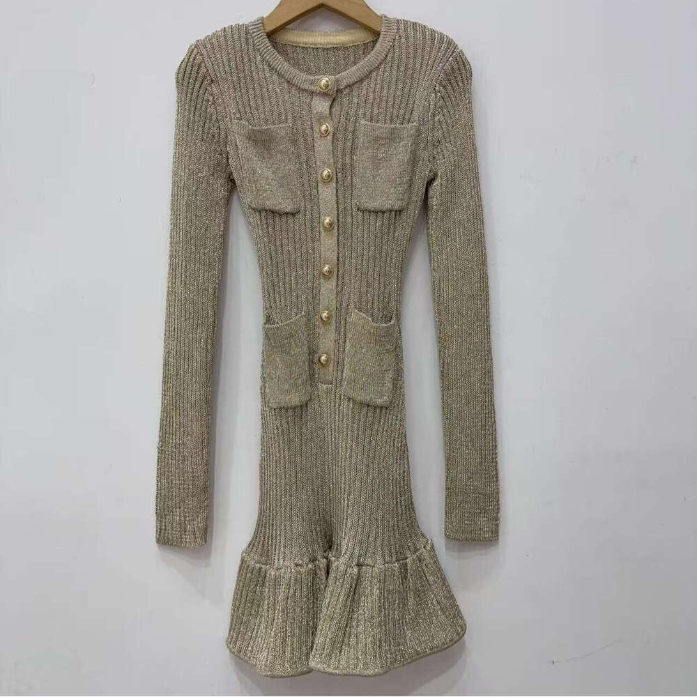 2026 Autumn/Winter New Designer Elegant Social Style Gold Knitted Mermaid Dress Short Skirt for Children