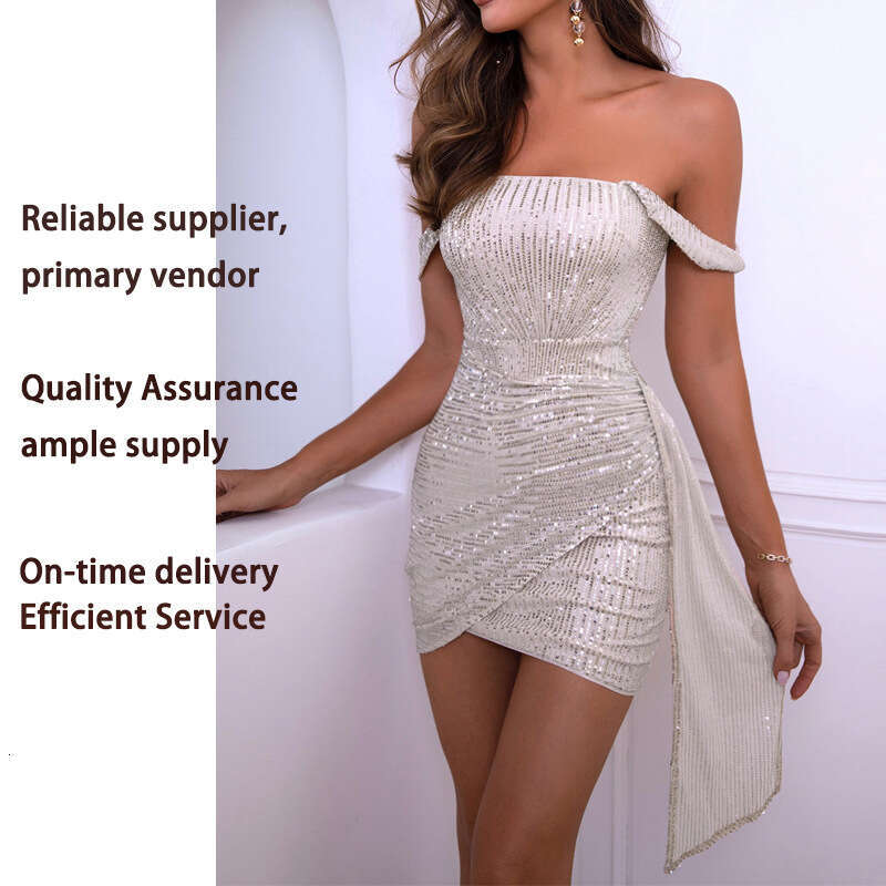 2026 designer hot selling off shoulder sequins elegant and sexy solid color evening dress spicy girl tight short skirt