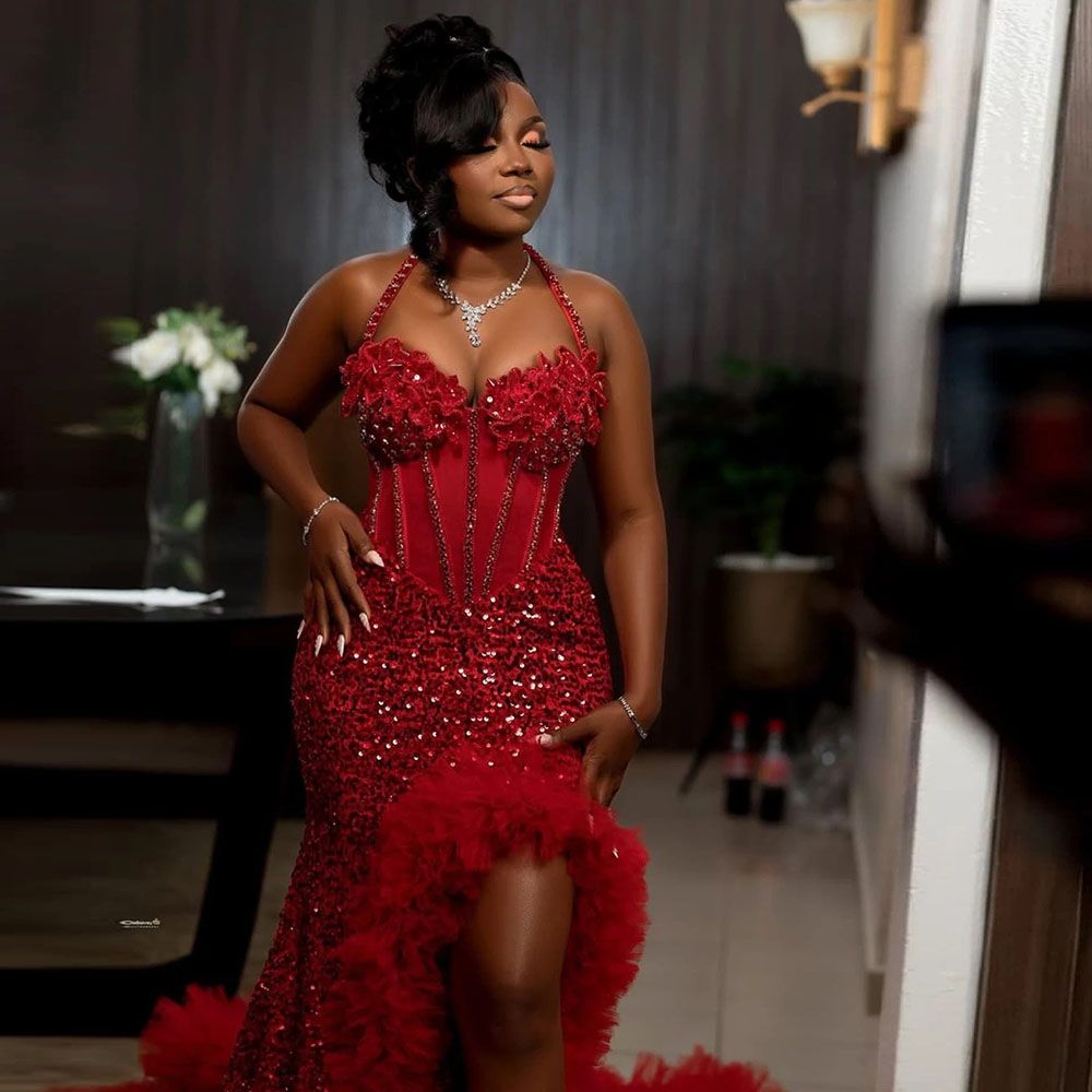 Shinny Crystal Prom Dresses Feathers 2026 Sequined Slit Party Dress For Special Occasion Mermaid Evening Gonws J26