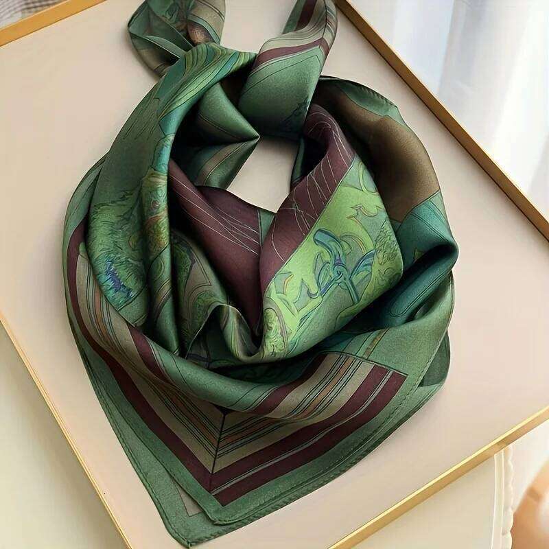 New Green Print Square Simulated Silk Thin Satin Neck Elegant Ladies Professional Decorative Small Scarf 26Y0126