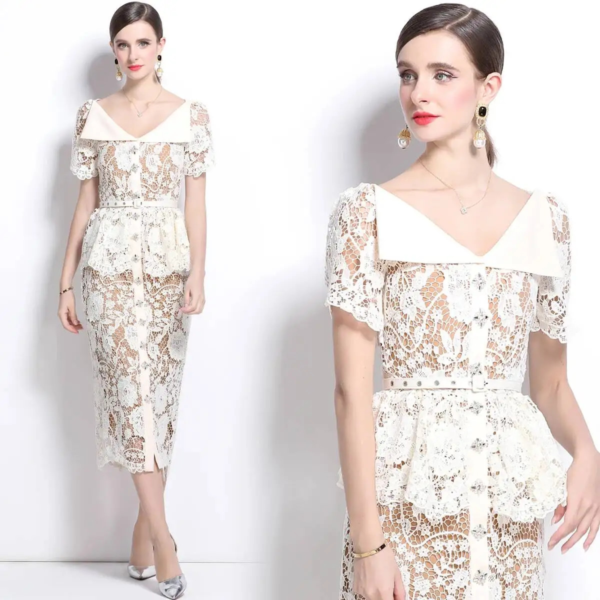 Quality Summer Beaded Diamonds Embroidery Beige White Lace Evening Dres Short Sleeve Ruffle Peplum Midi Prom Dresses Long 260120