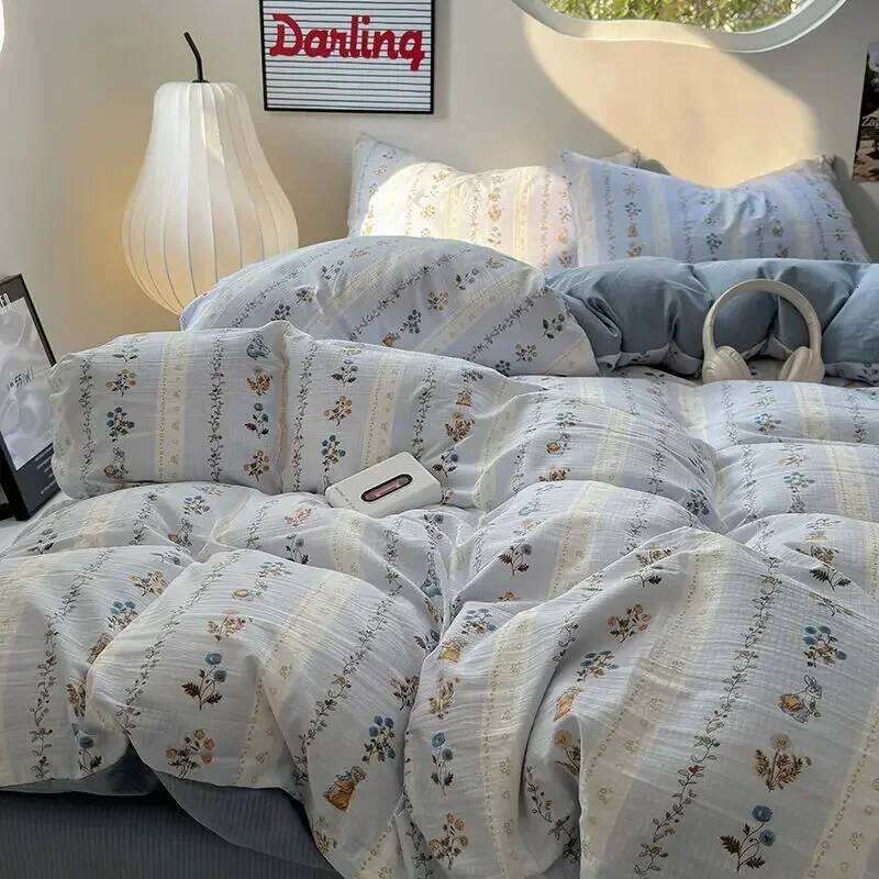 Bedding Duvet Cover Fresh Blue Floral. Wrinkled Yann Set Of Four Pieces, Washing Cotton Bed Sheets Y260124