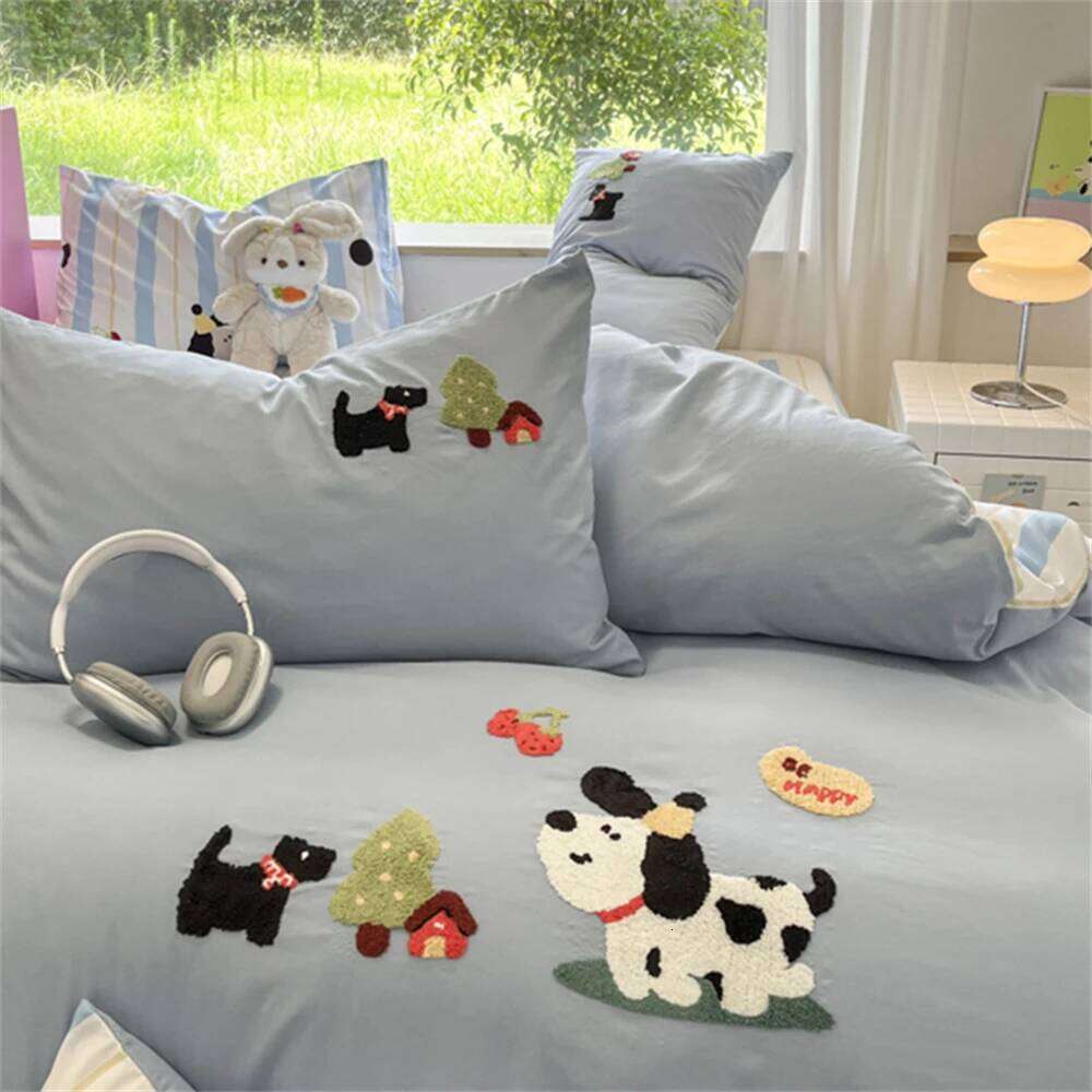 Cute Cartoon Towel Embroidery Bedding Duvet Pillowcase Washed Cotton Four-Piece Set Comfortable Quilt Cover Bed Sheet Y260124