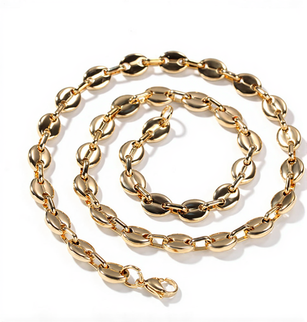 Men Woman 8MM 18K Gold Plated Stainless Steel Coffee Bean Oval Necklace Chain Marina Link Chain Bracelet Hip Hop Jewelry