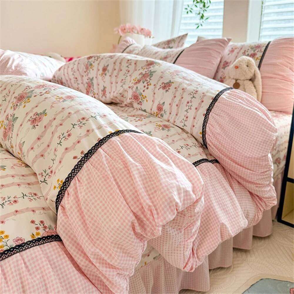 Korean Bedding Comforter Washed Cotton Four-Piece Princess Printed Soft Bed Linen Duvet Set Floral Quilt Cover Y260124