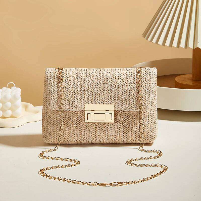 Fashion Straw Chain Shoulder Woven High Capacity Buckle Closure Clutch Handmade Crossbody Bag Women XJ260125