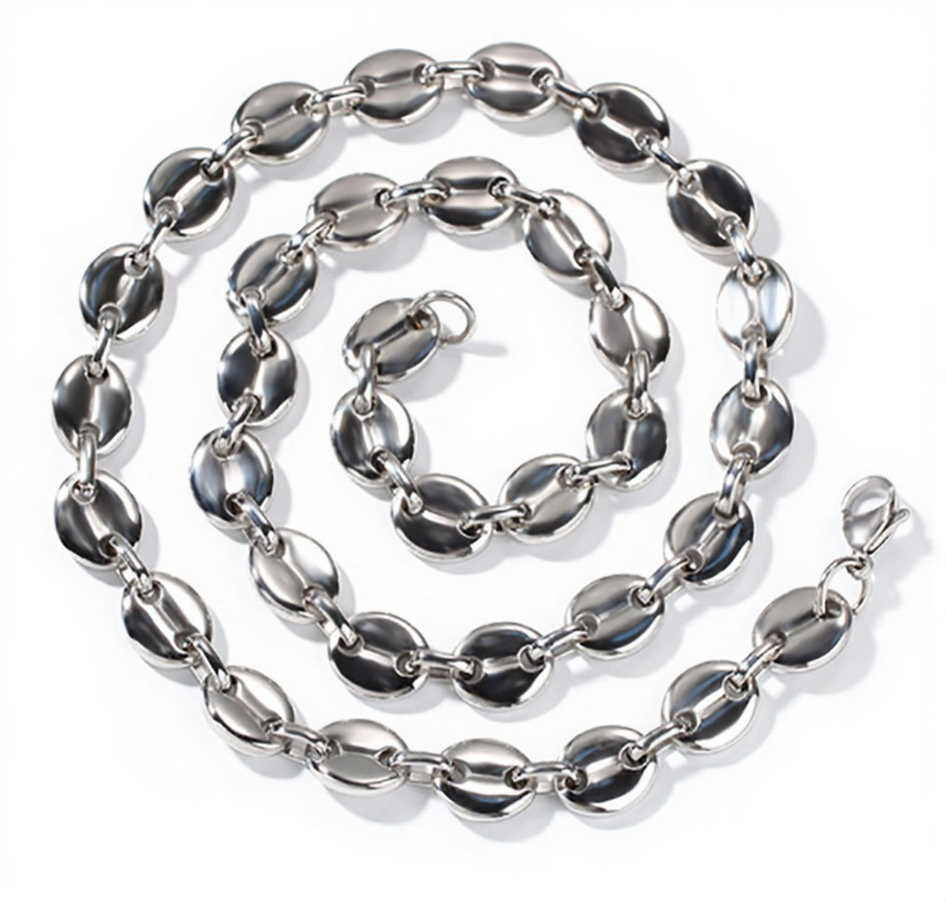 Men Woman 8MM 18K Gold Plated Stainless Steel Coffee Bean Oval Necklace Chain Marina Link Chain Bracelet Hip Hop Jewelry