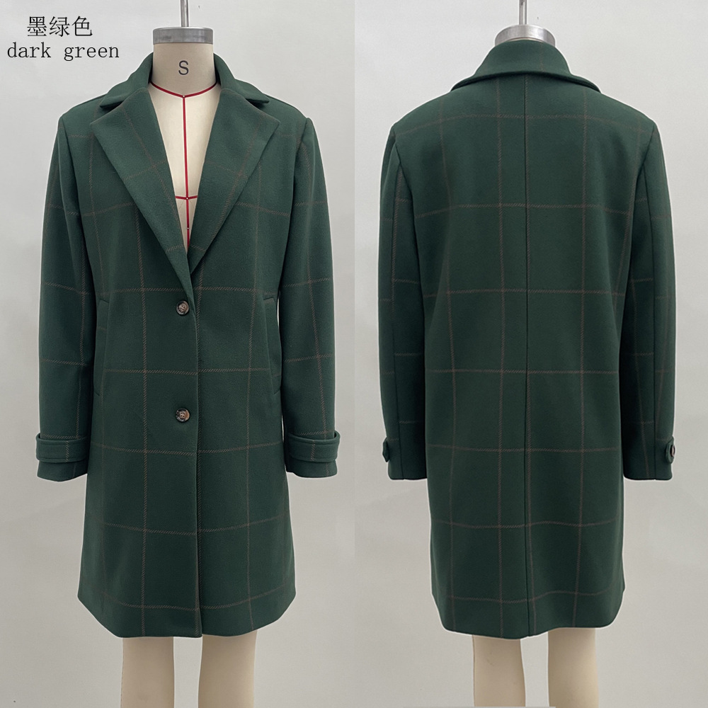 Autumn Winter New Women Wool Plaid Jacket Vintage Mid Length Lapel Coat Classic Double Breasted Trench Female Warm Coats 240830
