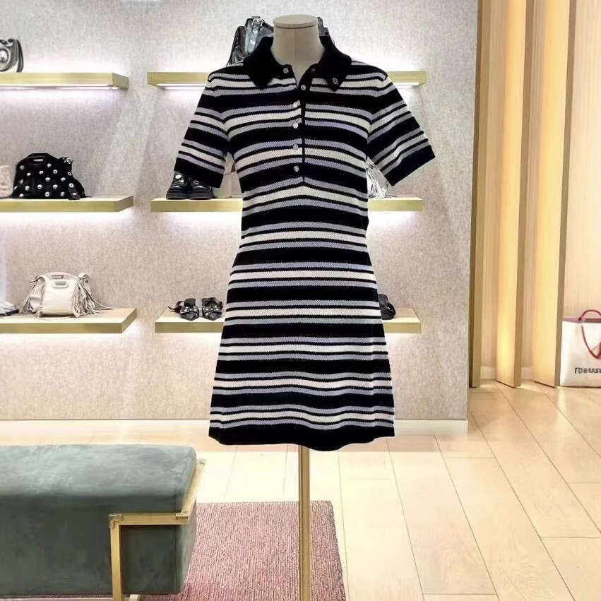 2026 French Elegant Spring/Summer Commuter Multi functional Striped Collar Waist Knitted Dress Short Skirt