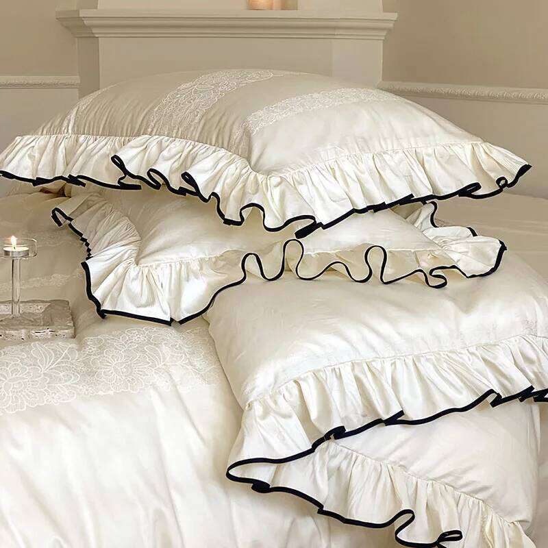 Luxury 1000TC Egyptian Cotton French Princess Wedding Bedding Set Ruffles Black Edge Jacquard Duvet Cover Bed Sheet Pillowcases Y260124