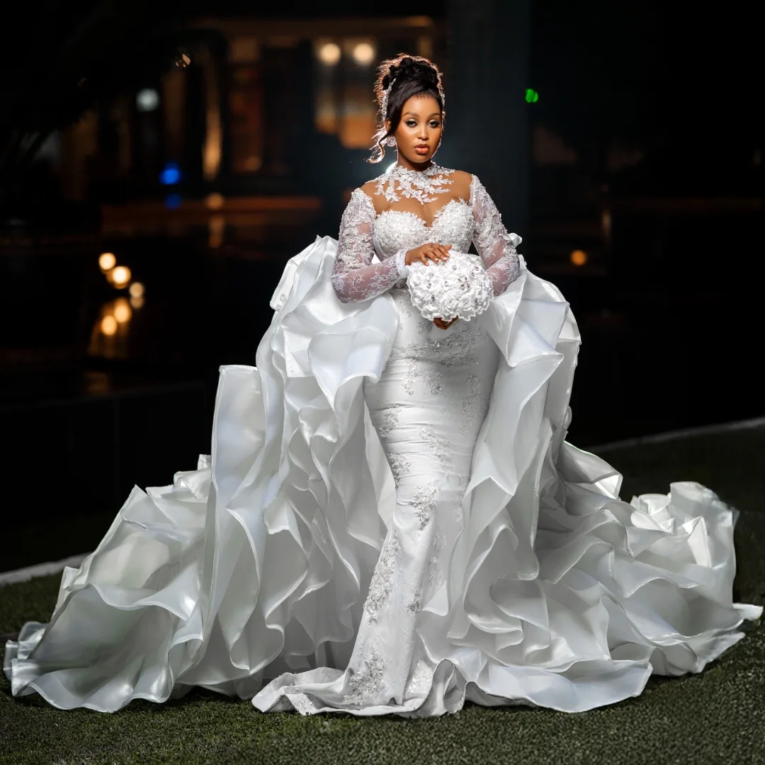 Exquisite Wedding Dresses Appliques Mermaid Bridal Gowns Ruffle Detachable Train Long Sleeves Customized Bride Vestidos De Novia Plus Size