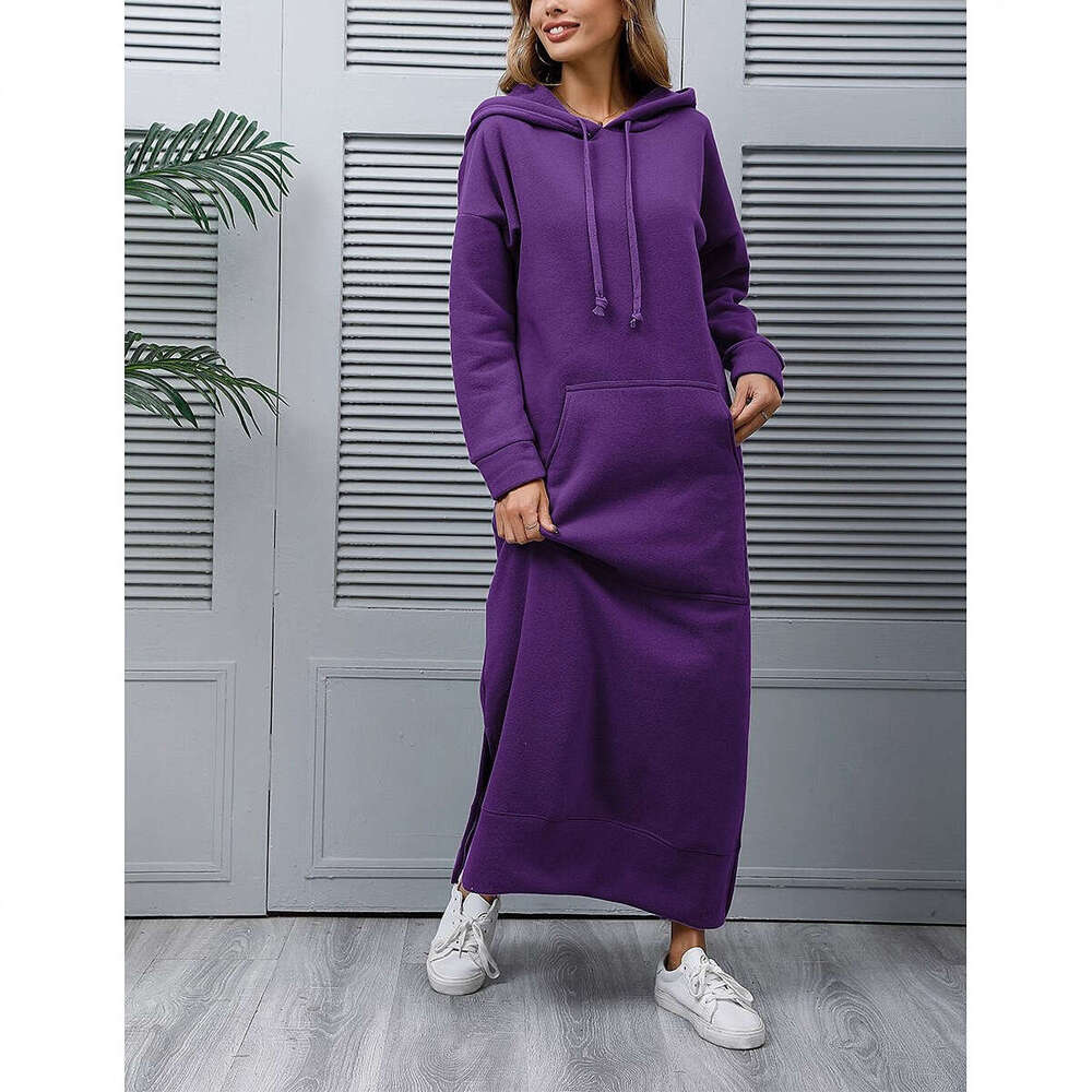 Autumn and winter new loose plus size knitted hooded long wool sweatshirt, casual and fashionable dress with large pockets