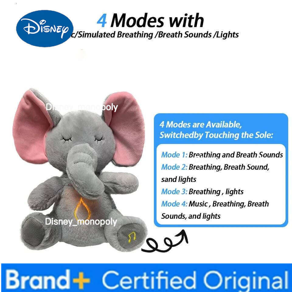 Disney 4 Modes Baby Breathing Soothing Elephant Plush Sleeping Companion Music and Light Doll Sensory Stuffed Toy Kids Gift H2601261