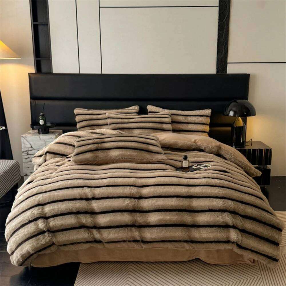 Jacquard Gradient Bubble Rabbit Plush Bedding Set Thickened Quilt Cover Pillowcase Bed Sheet Winter Coral Fleece Four-Piece Sets Y260124