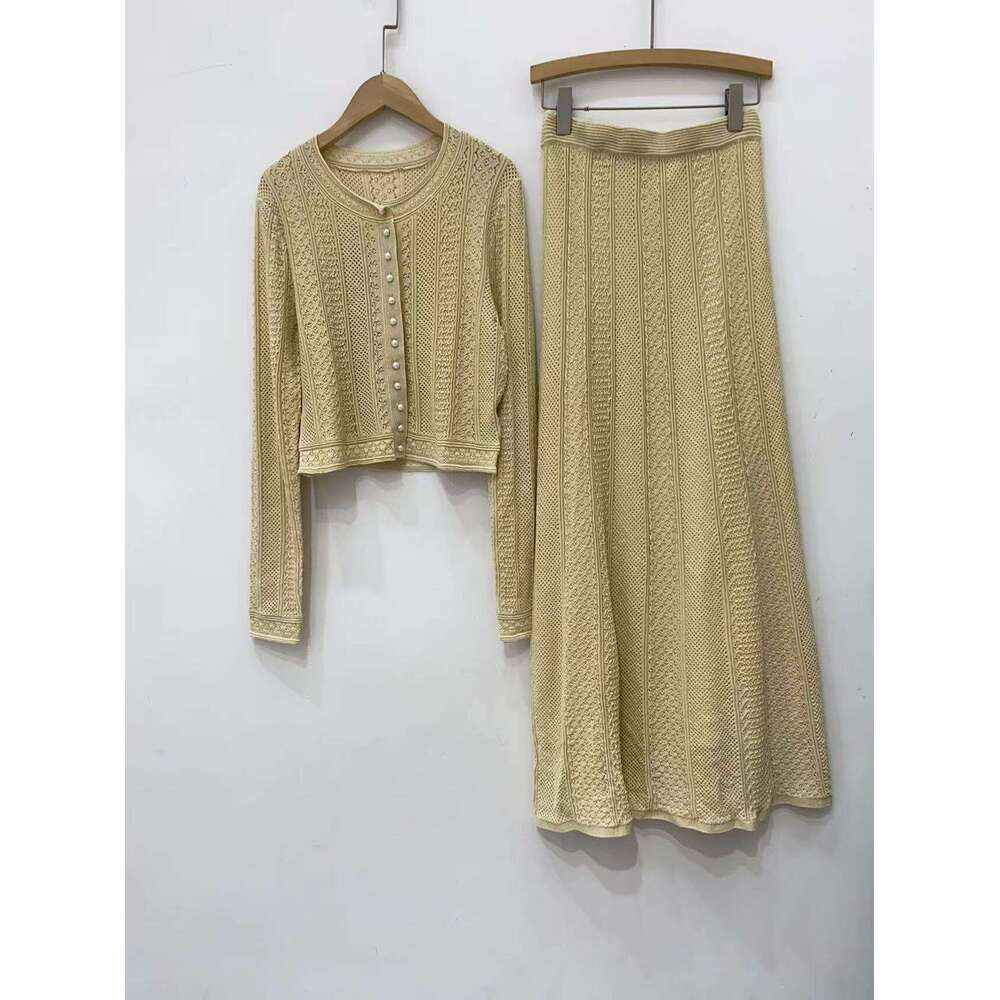2026 Spring New French Elegant Designer Style Hollow Knitted Cardigan Jacket Women's Skirt Set