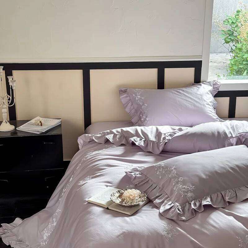 Flowers Embroidery Ruffles Purple Luxury Bedding Set 1000TC Egyptian Cotton Duvet Cover Flat/Fitted Bed Sheet Pillowcases 4Pcs Y260124
