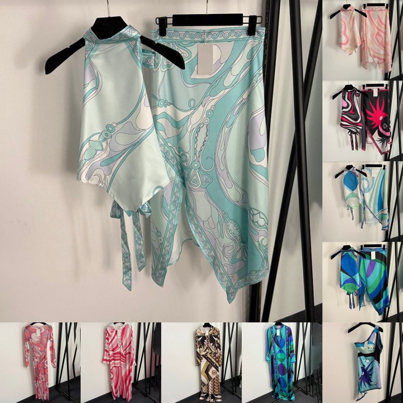 Designer Printed Halter Vests Split Skirts Outfits For Women Luxury Color Blocked Cover Up Dress Summer Birthday Holidays Sexy Dresses