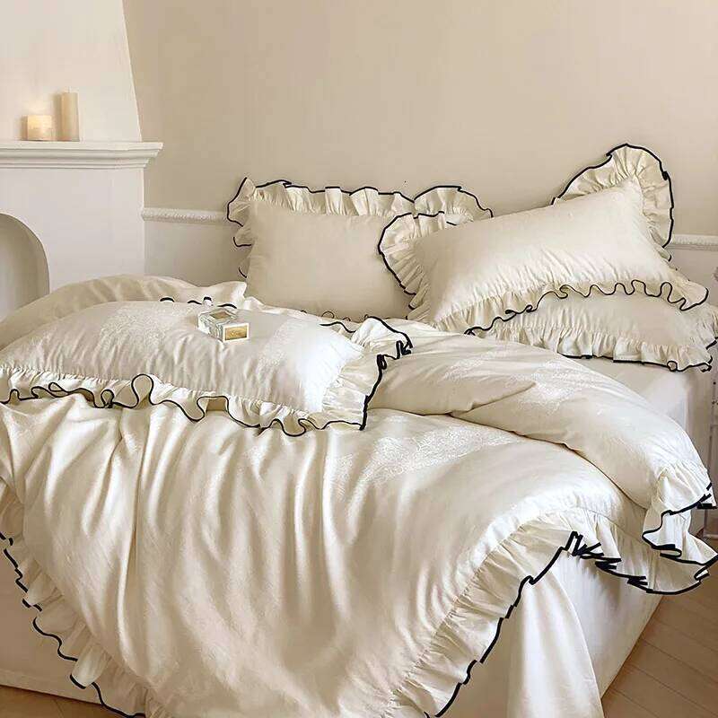 Luxury 1000TC Egyptian Cotton French Princess Wedding Bedding Set Ruffles Black Edge Jacquard Duvet Cover Bed Sheet Pillowcases Y260124