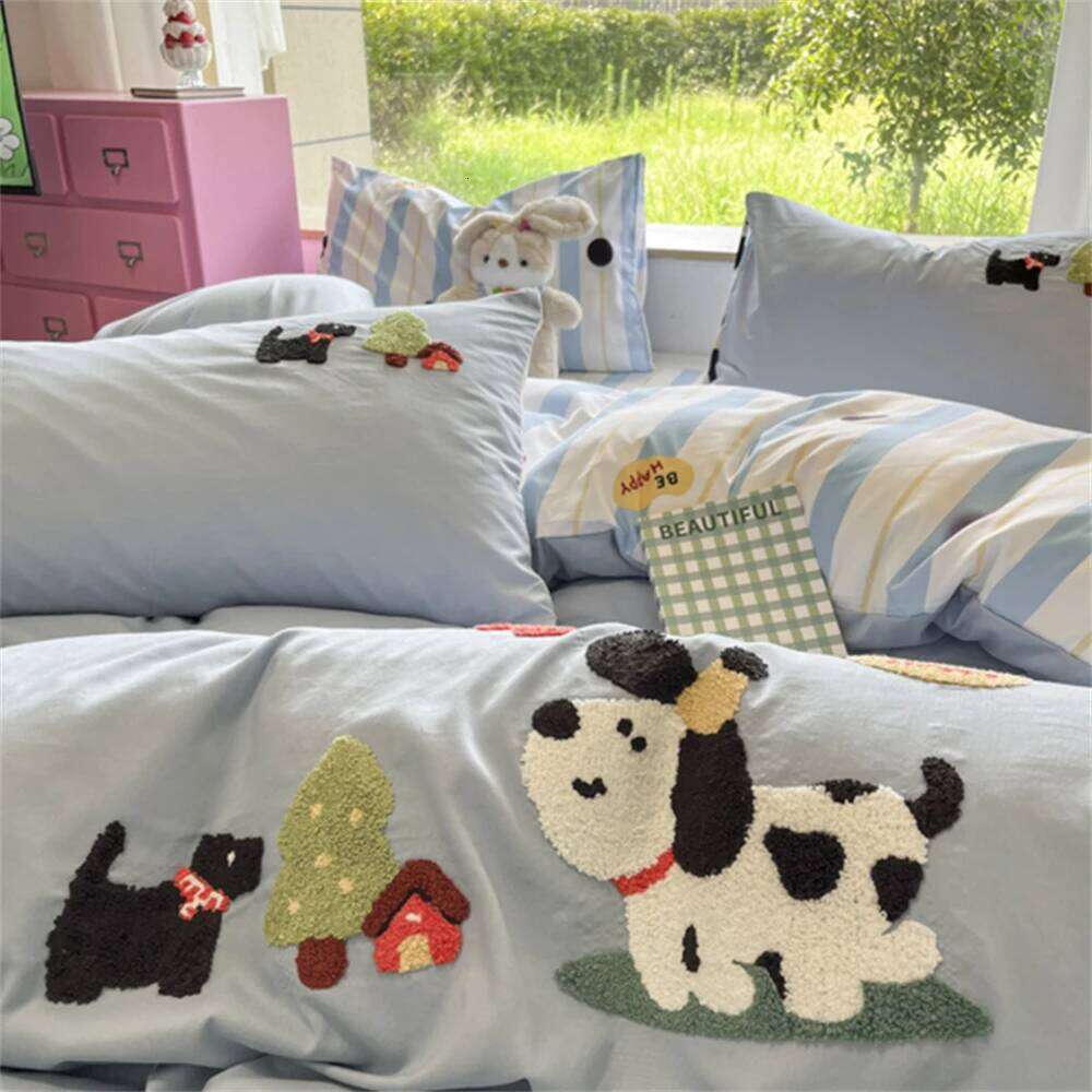 Cute Cartoon Towel Embroidery Bedding Duvet Pillowcase Washed Cotton Four-Piece Set Comfortable Quilt Cover Bed Sheet Y260124