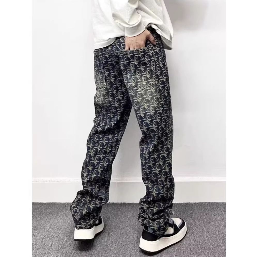 Mens Retro Jacquard Embroidery Jeans Casual Straight Fit Long Pants High End Light Luxury Design Men's Clothing Daily Outfit - view 5