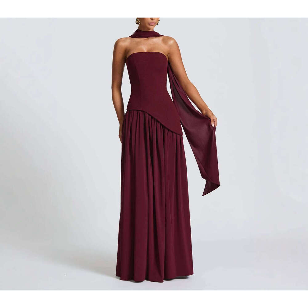 2026 European and American women's strapless solid color fashionable and sexy backless high waisted long skirt new style