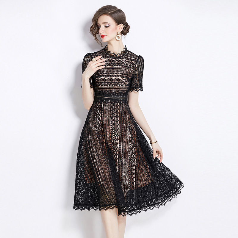 Light Fashion Slimming Hollow WaterSoluble Lace MidLength Dress 210522