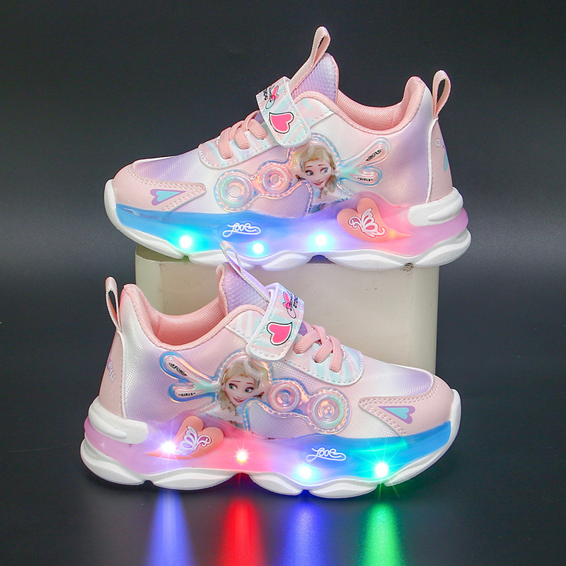 Girls' Casual Shoes Led Lights Mesh Breathable Children's Sports Princess Elsa Pink Purple Shoes Sneakers Size 22-35