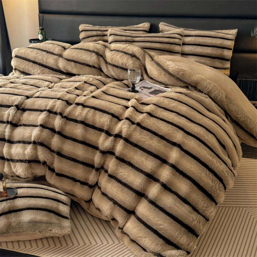Jacquard Gradient Bubble Rabbit Plush Bedding Set Thickened Quilt Cover Pillowcase Bed Sheet Winter Coral Fleece Four-Piece Sets Y260124