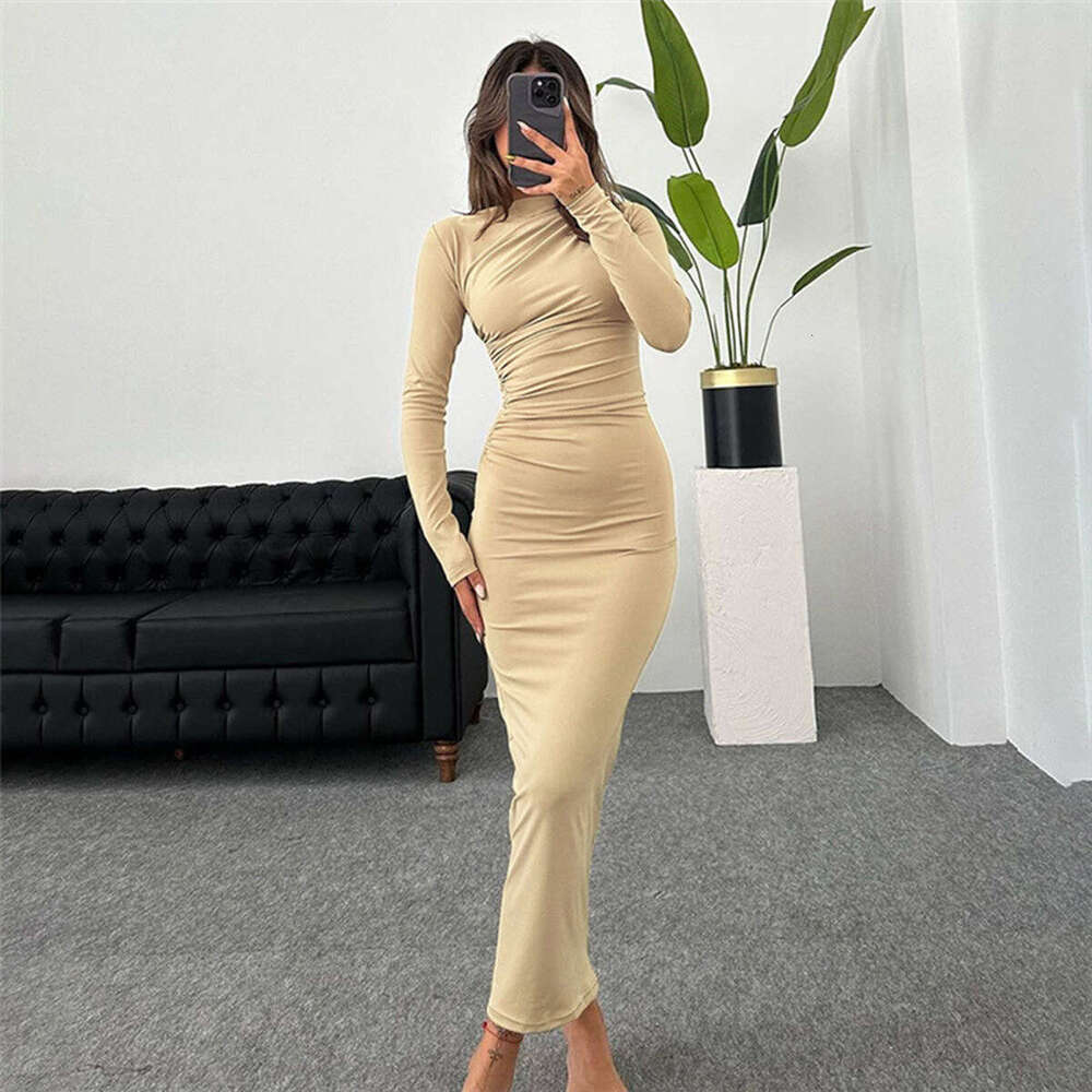 2025 Spring and Autumn New European and American Slimming High end Solid Color Elegant Long Women's Slimming Dress