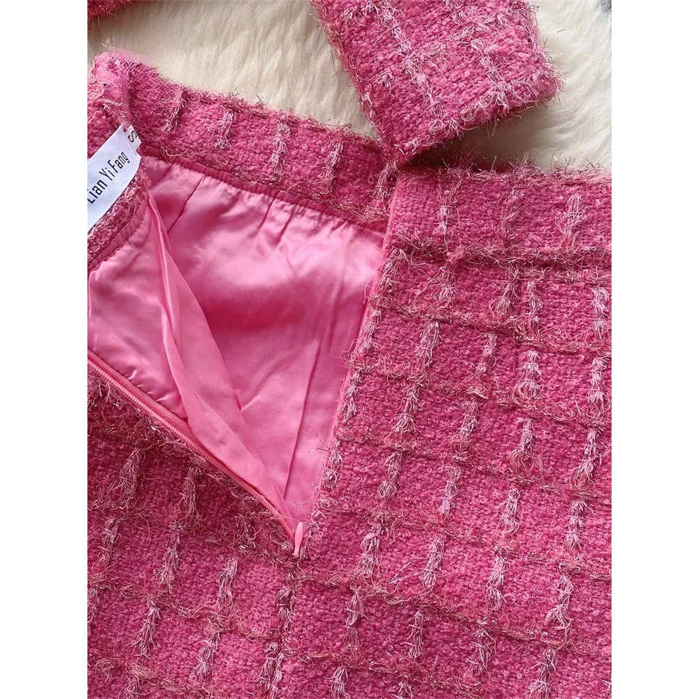 2026 High Quality Checkered Two Piece Women's Gold Button Sleeve Short Jacket Split style Long Skirt Lace Autumn Set