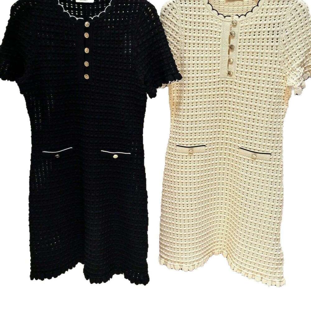 2026 Spring/Summer New French Elegant Style Wave Neck Short Sleeve Crochet Hollow Knitted Women's Dress