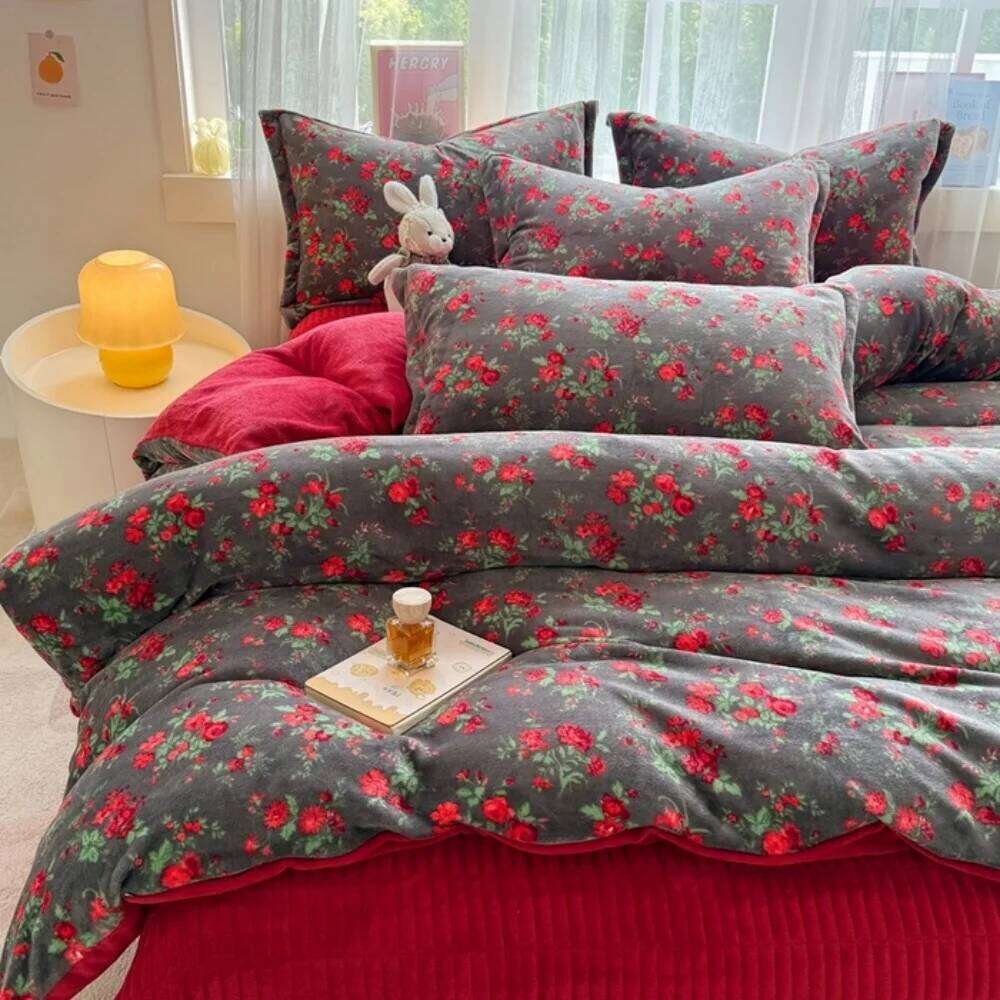 Thickened Milk Velvet Bedding Queen King Size Soft Coral Fleece Winter Warm Four-Piece Set Duvet Cover Pillowcase Bed Sheet Y260124