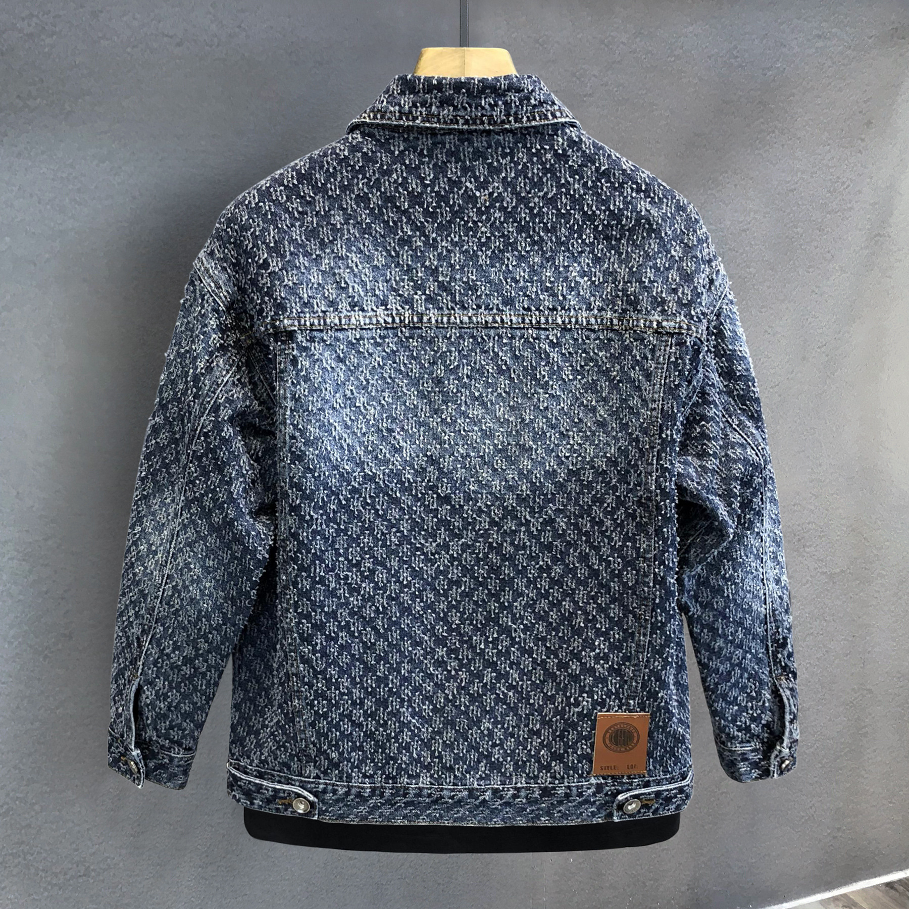 Men's PU Jacket, England Style Cat Paw Jacket with Cats, Blue/Grey Tie-Dye Textured Woven Coat - Long Sleeve Stand Collar, Covered Button, Pocket, Out